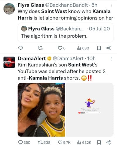 Saint West's YouTube channel was taken down on Wednesday after he uploaded two short videos criticizing Democratic nominee Kamala Harris.